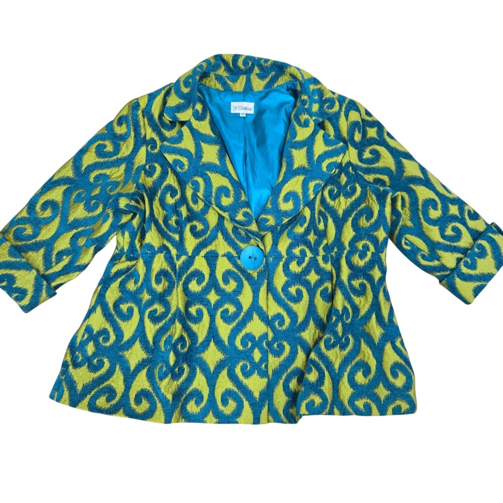 3 Sisters Blazer Women 3X Citron Teal Damask Ikat Jacquard 3/4 Sleeve Big button